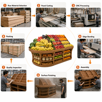 Supermarkt fruit- en groentepresentatierek, houten look, producten-eilandstandaard, gebogen schappen voor supermarkt, verse producten
