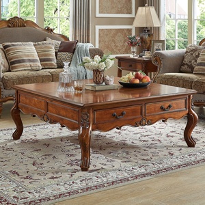 Massivholz Quadratischer Couchtisch mit Schubladen Geschnitzte Cabriole-Beine Kirschholz-Finish Traditioneller Quadratischer Couchtisch für Wohnzimmer - Product Image 1