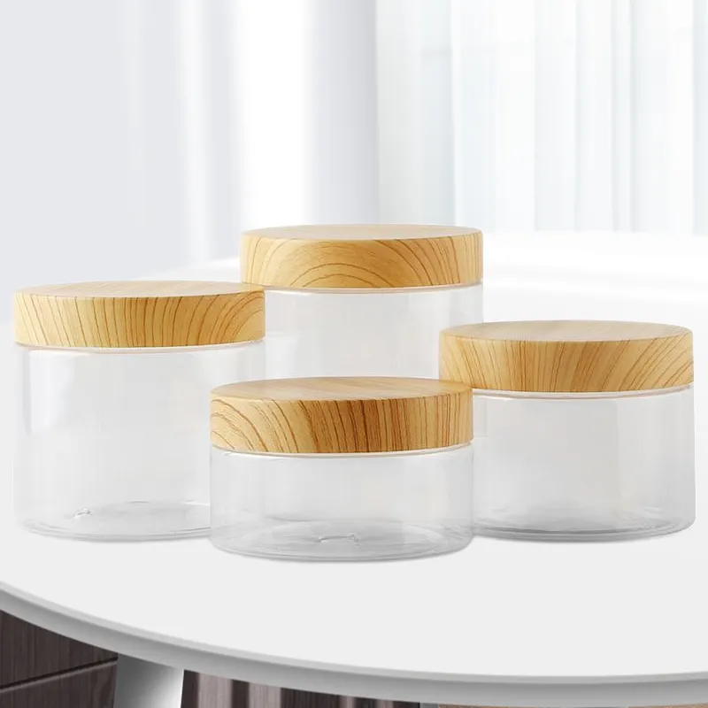 Pot en plastique de 100ml/200ml/300ml/500ml avec couvercles en bois, récipient transparent à vis vide, crème cosmétique pour le visage, pot de poudre, boîte de maquillage