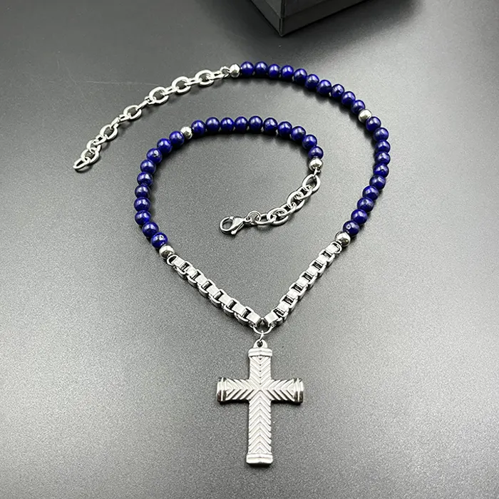 Collana con ciondolo a croce grande gioielli in acciaio inossidabile che fanno forniture collana con perline di agata blu di moda per uomo