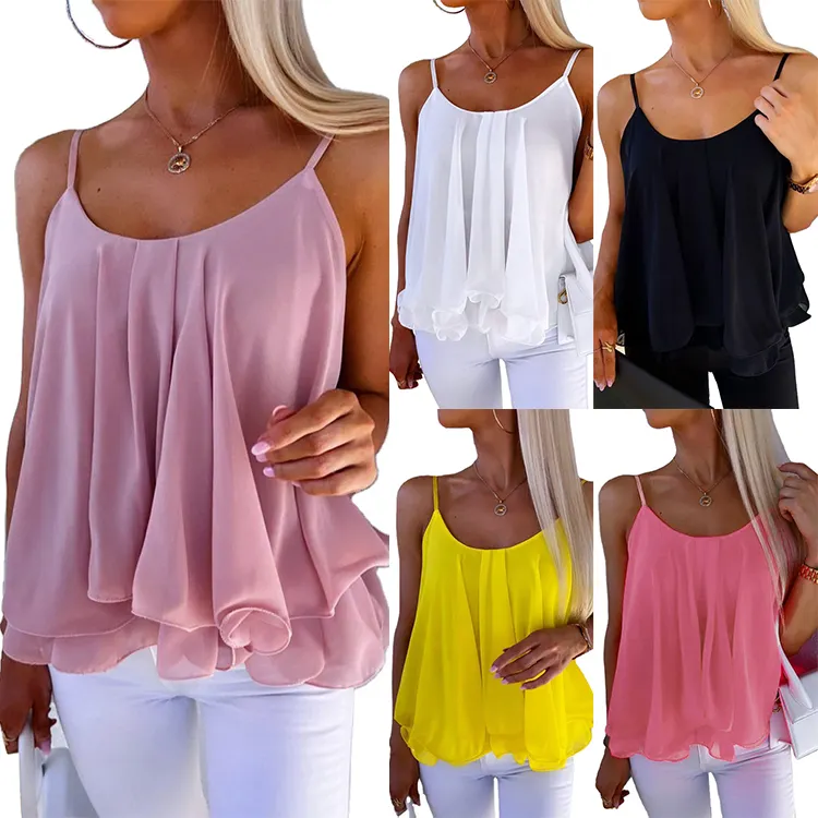 2023 Summer New Loose Casual Chiffon Vest Suspenders Spaghetti Strap Loose Fit Casual Sleeveless Tank Top Tank Tops