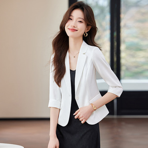 Women's White Summer Suit Jacket Set Three Quarter Sleeve Midi Skirt Elegant Satin Breathable Lightweight Women's Wear - Product Image 4