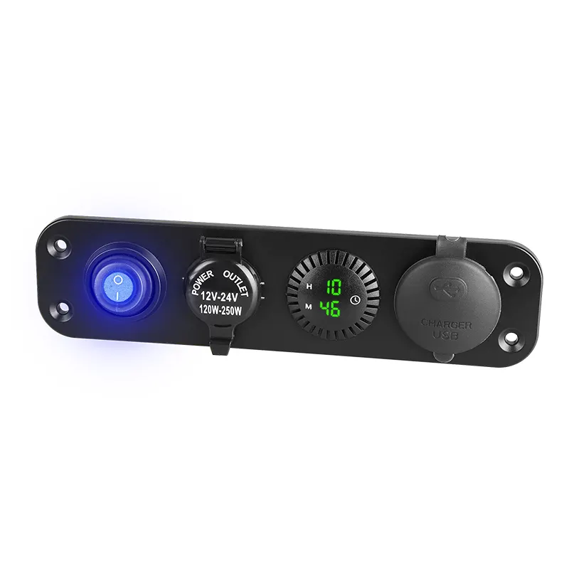 Grosir 24V 12V soket Usb Led Jam tampilan On Off tombol mobil Bus mobil kustom perahu 3 Gang Panel sakelar