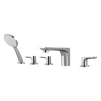 Robinet de baignoire romain à bec courbé en chrome poli avec douchette à main, 5 trous, triple levier fin, douchette ronde, robinet de baignoire à montage sur pont