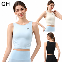 Débardeur court sans manches à col rond pour femme, coupe ajustée, avec logo personnalisé GH, pour le yoga, la gym, l'entraînement et le fitness, vêtements de sport, soutien-gorge intégré, fournisseur en gros