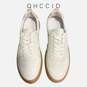 QHCCID <b>White</b> Leather Sneakers Low <b>Heel</b> Lace-Up Casual Daily Wear - Product Image 1