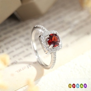 8 Anillos Ajustables de Plata de Ley 925 con Halo Cuadrado y Piedras Naturales Redondas de 6 mm, Joyería Impermeable y Antideslustre - Product Image 2