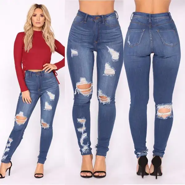 2023 Fashion kualitas tinggi denim rusak ruffle pakaian wanita navi jeans dicuci celana pakaian gajah jeans wanita ukuran besar
