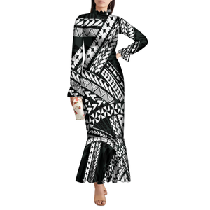 Hot Sale Custom Mermaid Fishtail <span class=keywords><strong>Prom</strong></span> Dress Hawaii Hibiscus Flower Print Design Ruffle Neck Mulheres Long Sleeve Casual Dress - Product Image 3