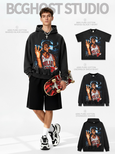 Xuyên biên giới mỹ Retro MJ nhào lộn trên không in Ngắn Tay Áo T-shirt tinh khiết bông nặng creyweight Crew Neck trùm đầu áo - Product Image 2