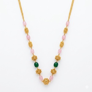Antique 925 Silver <b>Necklace</b> with Pink and Green Beads Long Chain Mala <b>Statement</b> Jewelry for Women Wedding Party Wear - Product Image 1