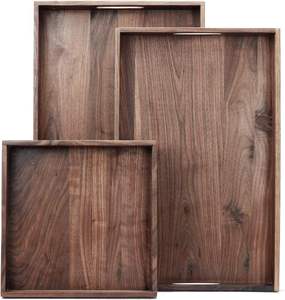 Ensemble de 3 grands plateaux ottoman en bois de noyer noir massif avec poignées, plateau de service décoratif en bois classique, L+M+S - Product Image 2