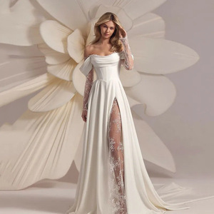 Off-Shoulder Side Slit Lace Train Long Floor-Length Wedding Light pour les femmes pour les couples <span class=keywords><strong>Photo</strong></span> Shoot Travel Shoot pour la mariée - Product Image 1