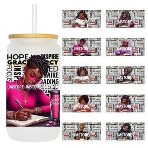 Autocollants de transfert UV DTF 16OZ pour gobelets, inspirés des femmes noires amoureuses du café, prêts à appliquer, imperméables, pour bouteilles en verre Libbey - Product Image 1