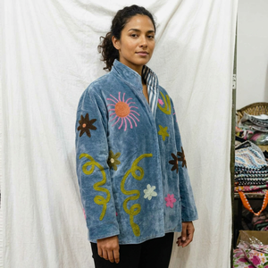 Rajasthani Textile Eco-Friendly Floral <b>Pattern</b> Velvet Cotton Bomber <b>Jacket</b> Sheep Skin Trim Embroidered Regular Sleeves Cotton - Product Image 2