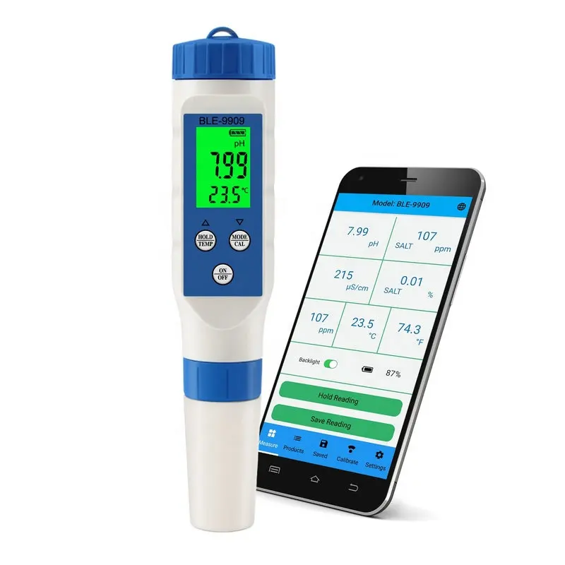 Fabriek Prijs 5 In 1 Ph/Ec/Tds/Zoutgehalte/Temp Tester Ph Meter Aangedreven Door Mobiele smart App Ph Meter Met Blue Tooth