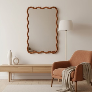 Yellowish Brown 24x36 Wavy <b>Rectangle</b> Solid Wood Frame Decorative <b>Mirror</b> <b>For</b> Bedroom Bathroom Living Room Entryway - Product Image 4