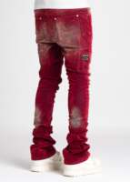Jean pour homme Y2K en denim déchiré et délavé rouge, coupe slim évasée, style streetwear de haute qualité, personnalisable OEM/ODM, collection 2026
