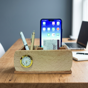 Organiseur de bureau en bois avec horloge et porte-stylos pour usage professionnel - Product Image 3
