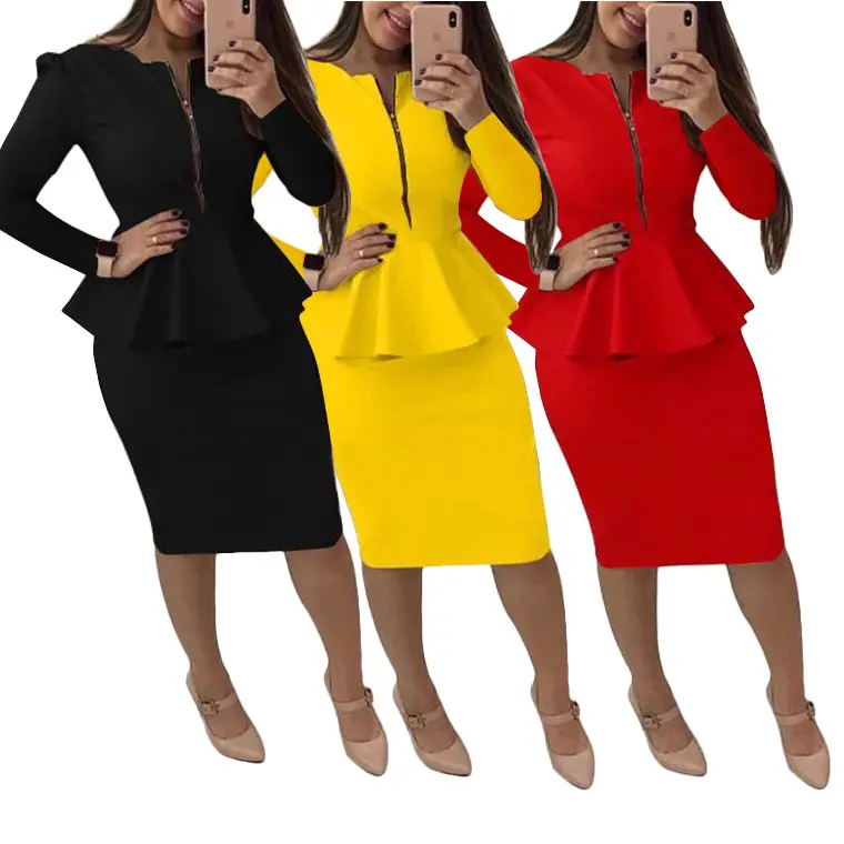 2023 nueva moda color sólido manga larga cremallera luz cocida ropa de mujer profesional vestidos (CY8813)