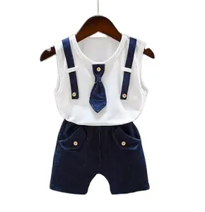 China Online Shopping 1-4 Years Baby Children Fashion Models False suspenders And Tie Sleeveless Vest Set