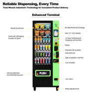 Distributeur automatique réfrigéré 36 compartiments pour boissons et snacks, avec spirales, paiement par billets, pièces et cartes, idéal pour bureaux et écoles