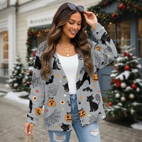 Cardigan long classique en maille respirante 100 % polyester pour femme, imprimé chat noir, citrouille, chauve-souris, toile d'araignée, col en V, collection automne Halloween