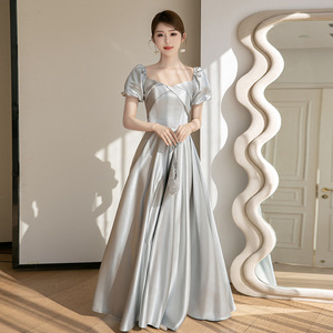 Grey Bridesmaid Dress Satin A-Line Sweetheart Neckline Natural Waist Wedding Evening Gown - Product Image 3
