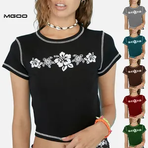 MGOO Black Cropped Tee Shirt With Contrast Stitching Custom Printed Logo T-shirt Women Crop Top Baby Tshirt