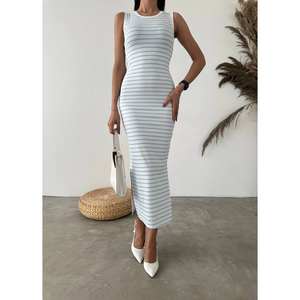 Vestido ajustado a rayas estilo otomano con cuello redondo, tejido transpirable, cintura natural, vestido informal para diario - Product Image 3