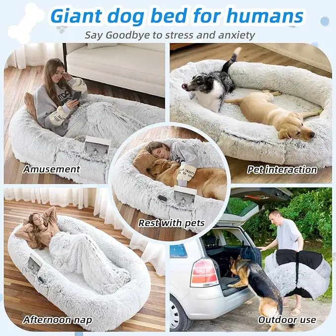 थोक लोकप्रिय विशाल गोल आलीशान आरामदायक मानव कुत्ते का बिस्तर, लोगों के लिए, वयस्कों के लिए धोने योग्य गद्दे, मेमोरी फोम, बड़े आकार का पालतू सोफा बिस्तर