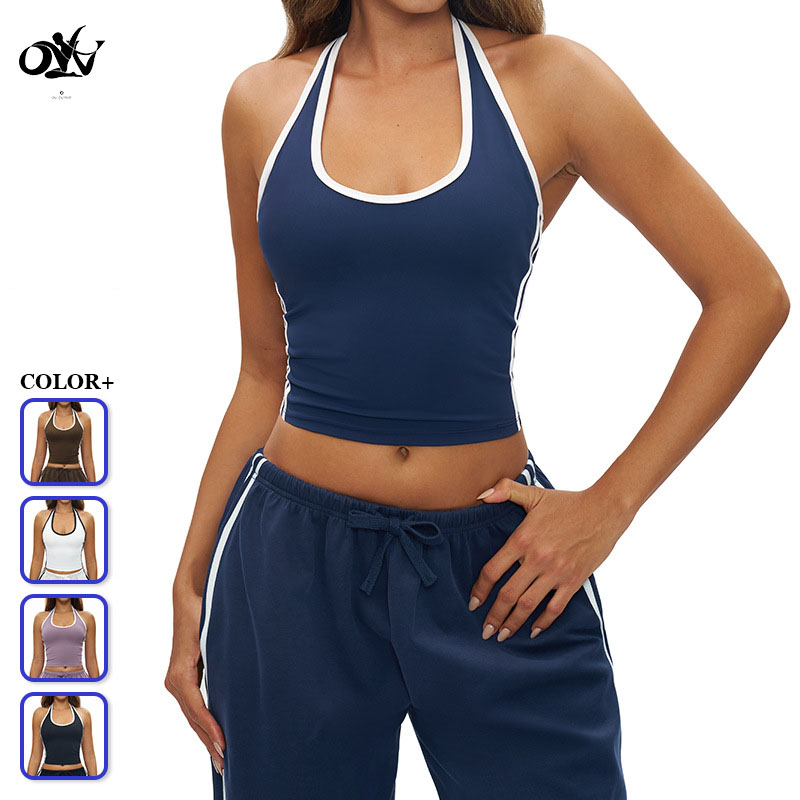 Backless Halter Beautiful Back Yoga Top Color Blocking Side Stripe Design Tight comfort Women's Vest Outside Casual Quick-drying