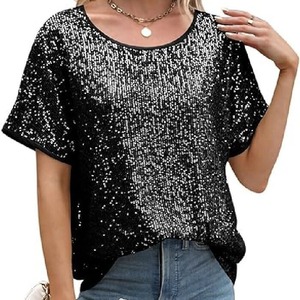 Women <b>Sequined</b> Loose Fit Asymmetric <b>Top</b> Short Sleeve Party Casual Blouse Sheer Layer - Product Image 1