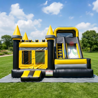 Château gonflable jaune et noir à montage rapide avec toboggan et kit de réparation inclus pour location commerciale en extérieur