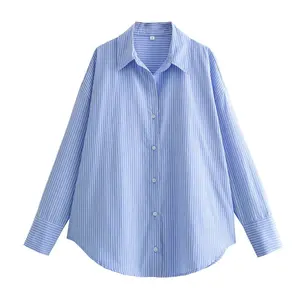 Taop & Za Lente Nieuw 2024 Modieuze Dames Met Revers Blauw En Wit Gestreept Losse Casual Oxford Shirt Top Chique 8372390