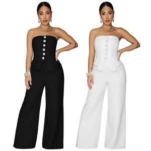 <span class=keywords><strong>Combinaison</strong></span> <span class=keywords><strong>pantalon</strong></span> longue pour <span class=keywords><strong>femme</strong></span>, sans bretelles, ornée de strass et de boutons, coupe large, sans manches, taille haute, style moulant et formel - Product Image 1
