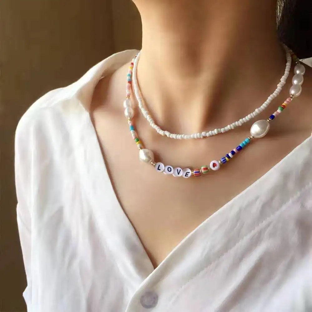 Boho style colorful rice bead love necklace female geometric handmade beaded pearl necklace female jewelry set