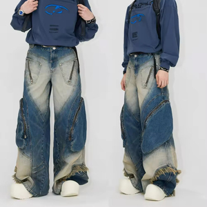 제조업체 맞춤형 남성용 고품질 다기능 카고 진 카모 팬츠 스트리트웨어 배기 디자인 레트로 패치워크 진 - Product Image 4