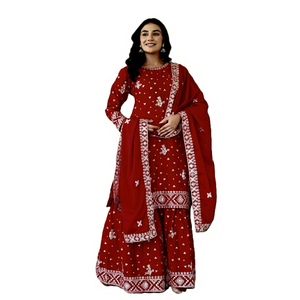 Salwar Kameez en soie brodée rouge avec dupatta, tenue de mariage indienne moderne pour femme, longueur genou, coupe régulière, séchage rapide, style Punjabi - Product Image 1