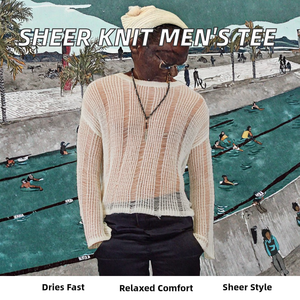 Nouveau T-shirt en maille décontracté pour homme, extensible, uni, légèrement transparent, 280 grammes, manches longues, coupe classique, tendance - Product Image 2