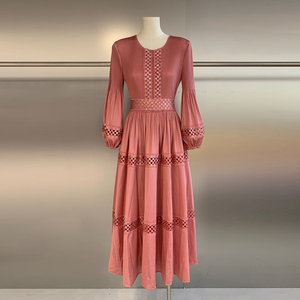 Abito Lungo Plissettato Miyake per <span class=keywords><strong>Donna</strong></span>, Vestito Casual in Pizzo con Maniche a Lanterna, Decorazione Ricamata e Arricciata, Stile Vintage - Product Image 4