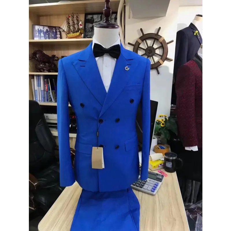 Costume à Double boutonnage pour hommes, veste Slim, bleu Royal, au design pantalon, nouvelle collection 2020