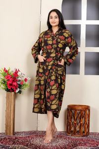 Hermoso Kimono de Algodón Estampado a Mano con Bloques Jahota, con Cinturón, Bolsillos Delanteros, Manga Larga, Estilo Maxi, Bata de Baño Estándar - Product Image 5