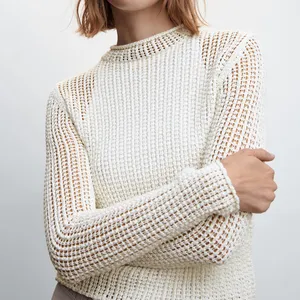 2023 Custom New Long-Sleeved Round Neck Women's Openwork Sweater Slim Cotton Sweater
