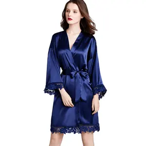 New Style Fast Dry Lace Design Cooling Night Mid -Length Robe Silk Satin Hotel Sleepwear Women Bathrobe