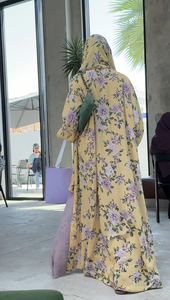 Vestido Maxi Holgado y Elegante LEDUO con Hiyab, Estampado Amarillo, Chifón, Abaya, Kimono - Product Image 3