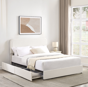Modern Queen Size Ivory Boucle Upholstery Platform <b>Bed</b> 4-Drawer Storage Curved Stitched Tufted Headboard Wood Frame Adjustable - Product Image 1