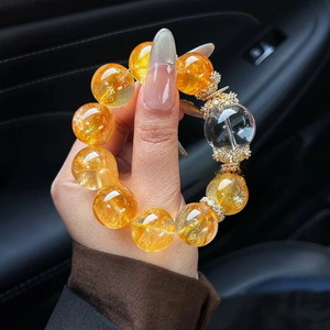 Bracciale con perle rotonde di citrino giallo portafortuna da 14 mm, di grandi dimensioni, per attirare la ricchezza, confezionato singolarmente, stile Homebody. - Product Image 4