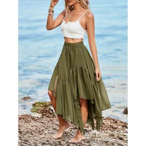 Fisoew Womens Boho Maxi <b>Skirt</b> Asymmetric High Low Hem Flowy Chiffon Long <b>Skirt</b> Summer Casual Ruffles <b>Elastic</b> Waist - Product Image 2