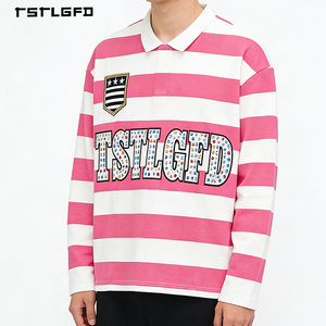 T-shirt da uomo ricamata con strass, a maniche lunghe, a righe, stile polo, vestibilità ampia, streetwear - Product Image 1